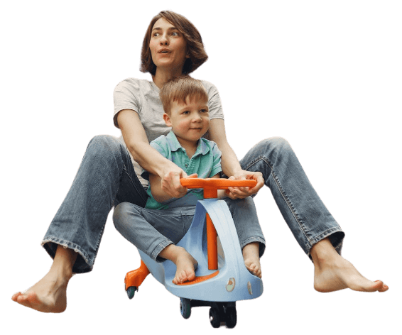 au pair riding trike with kid